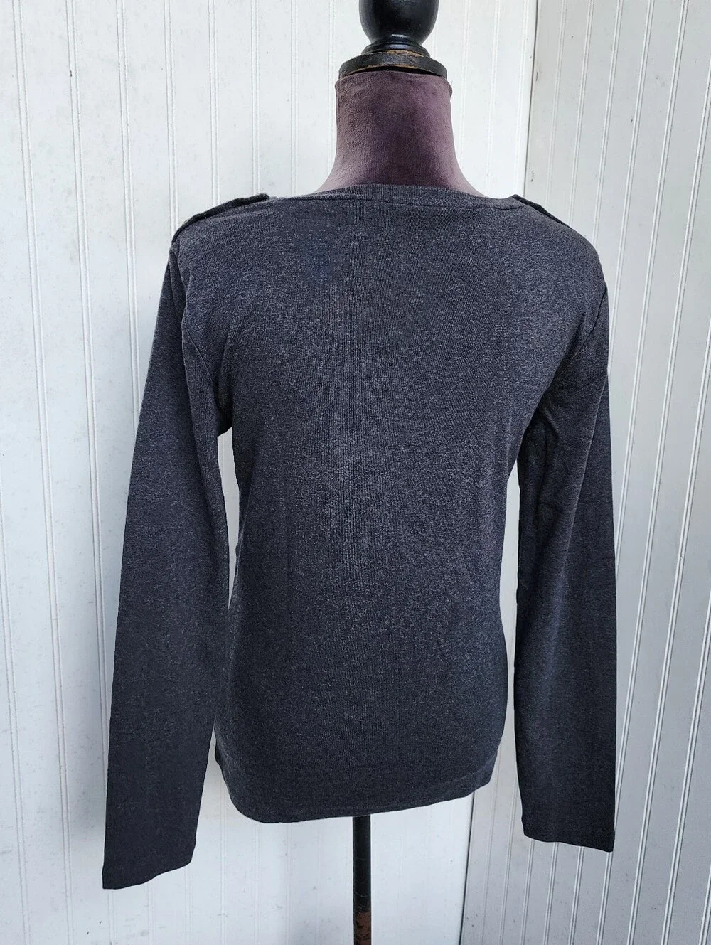 J.Crew Charcoal Gray Long-Sleeve Perfect Tee Gold Button Shoulders 100% Cotton M